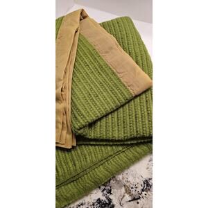 Vintage Satin Trim Cabin Blanket Avocado Green 1970s Waffle Weave Retro 70”x 86”